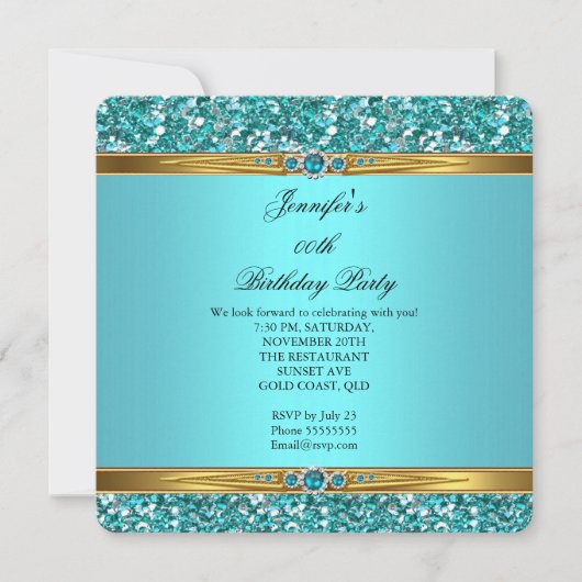 Invitation Elégante Parties scintillant Turquoise Gold Diamon (Devant)