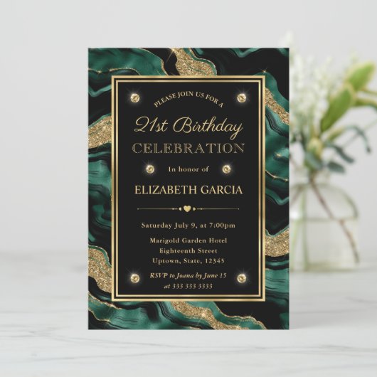 Invitation Élégante Parties scintillant verte et or Agate 21e (Debout devant)