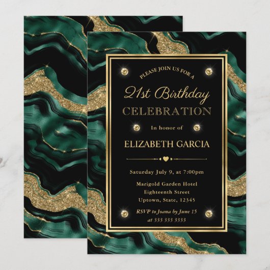 Invitation Élégante Parties scintillant verte et or Agate 21e (Devant / Derrière)