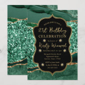 Invitation Élégante Parties scintillant verte et or Agate 21e (Devant / Derrière)