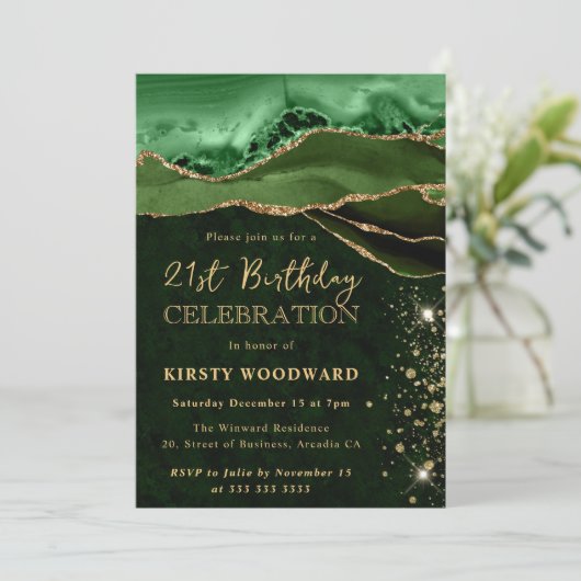 Invitation Elégante Parties scintillant verte et or Agate Ann (Debout devant)