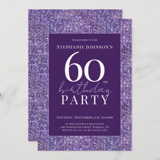 Invitation Elégante Parties scintillant violet 60e fête d'ann (Devant / Derrière)
