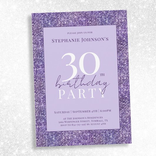 Invitation Elégante Parties scintillant violette 30ème annive