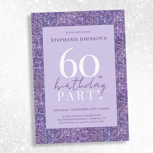 Invitation Elégante Parties scintillant violette 60ème annive