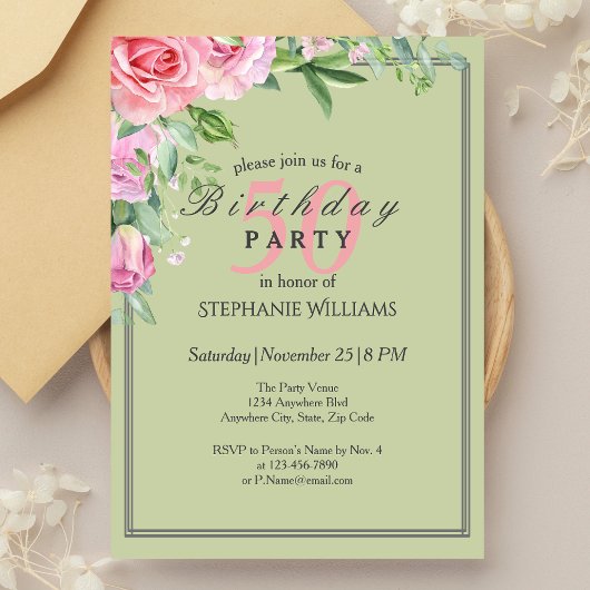 Invitation Elégante Pastel Green Flower Women's 50e anniversa