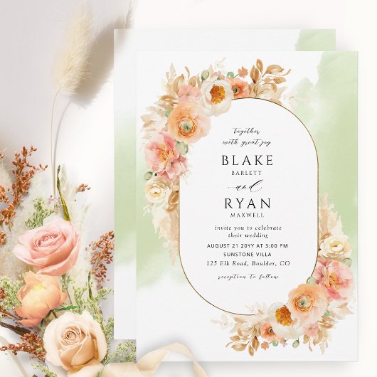 Invitation Elégante Peach Blush Cream et Green Oval Mariage