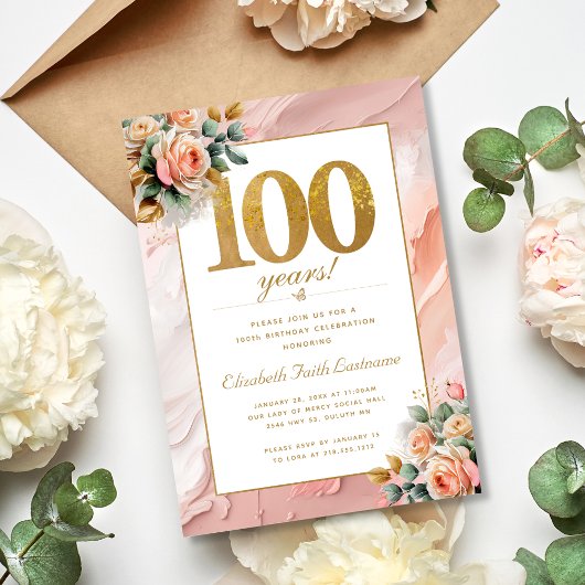 Invitation Elégante Peach Or rose Floral 100e anniversaire