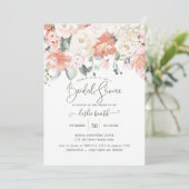 Invitation Elégante Peach Peonies Crème Roses Fête des mariée (Debout devant)