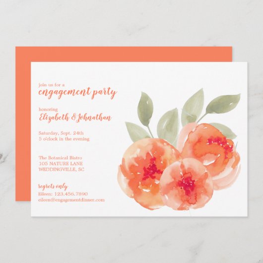 Invitation Elégante Peach Peonies Engagement Party (Devant / Derrière)
