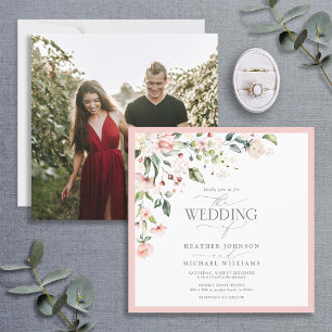 Invitation Elégante Peach Pink Aquarelle Florale Mariage Phot