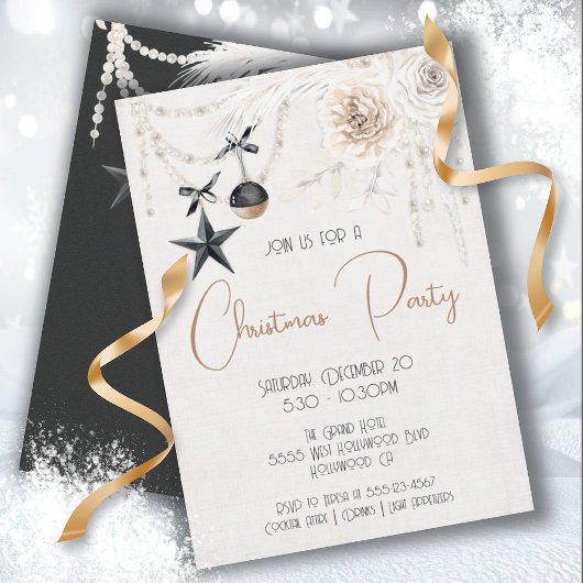 Invitation Elégante Pearl Floral Black & White Christmas Part