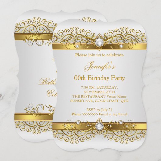 Invitation Elégante Pearl Gold White Silver fête d'anniversai (Devant / Derrière)