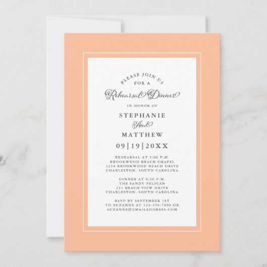 Invitation Élégante Pêche Blanche Mariage Répétition Dîner Ch (Devant)