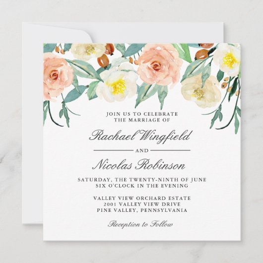 Invitation Elégante Pêche et blanc Aquarelle Mariage Floral (Devant)