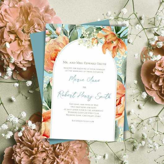 Invitation Elégante Pêche Florale Mariage Boho Arch