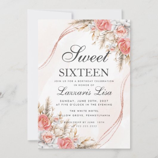 Invitation Elégante Pêche Florale Parties scintillant douce 1 (Devant)