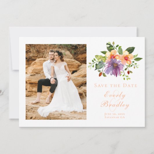 Invitation Élégante Pêche florale Photo QR Code Enregistrer l (Devant)