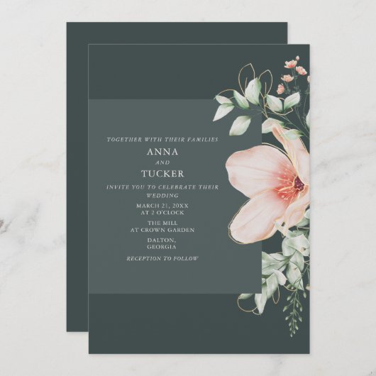 Invitation Elégante Pêche & Or Floral Emerald Mariage (Devant / Derrière)