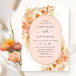 Invitation Elégante Pêche Ovale, Rose Bleu et Mariage Coral<br><div class="desc">Dégustez vos invités avec cette élégante invitation de mariage avec une belle arche ovale de corail pâle avec d'exquises aquarelles florales entourant vos détails mariages avec des fleurs, du feuillage et de l'herbe pampa dans un magnifique mélange de teintes pêche, orange, rose roux, crème et champagne. Aptitude à changer "avec...</div>