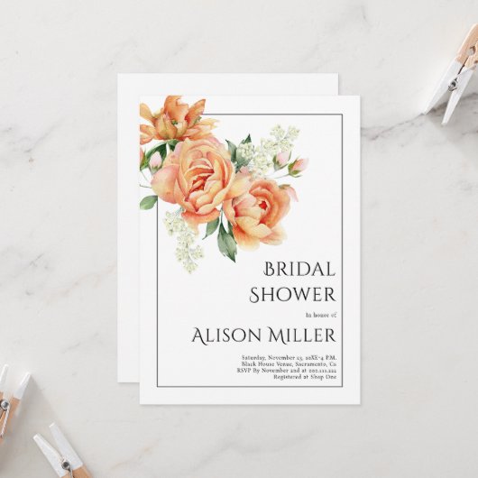 Invitation Elégante pêche tourbe fleurs douche nuptiale (Devant/Arrière en situation)