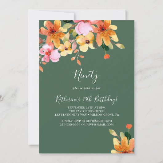 Invitation élégante peinte florale pour 90e annive (Devant)