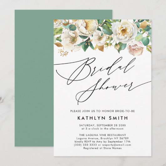 Invitation Elégante Peony Botanical Greenery Fête des mariées (Devant / Derrière)