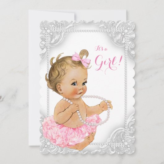 Invitation Elégante perle blanche Baby Girl Douche (Devant)
