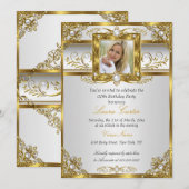 Invitation Elégante perle d'or blanc Damas photo Anniversaire (Devant / Derrière)