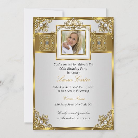 Invitation Elégante perle d'or blanc Damas photo Anniversaire (Devant)