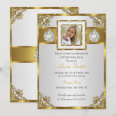 Invitation Elégante perle d'or blanc Damas photo Anniversaire (Devant / Derrière)