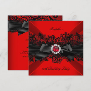 Invitation Elegante Perle Rouge Nœud en Dentelle Noire Fête d