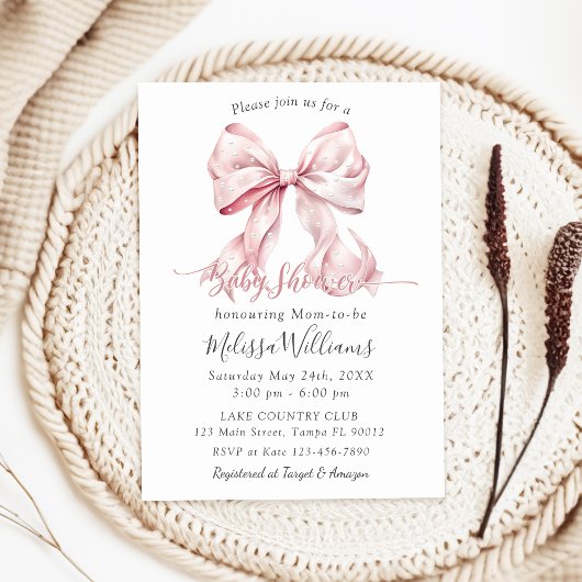 Invitation Elégante perles de Baby shower rose Bow fille
