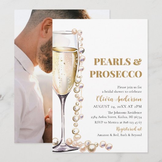 Invitation Elégante perles photo et Fête des mariées de pours (Devant / Derrière)