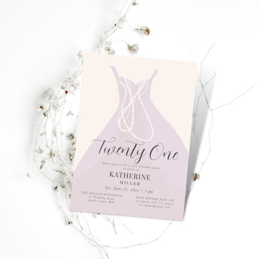 Invitation Elégante Perles Robe Rose Blush Chic 21e anniversa