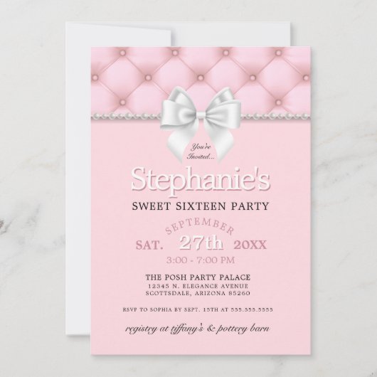 Invitation Elégante perles rose fille Bow blanc 16e anniversa (Devant)