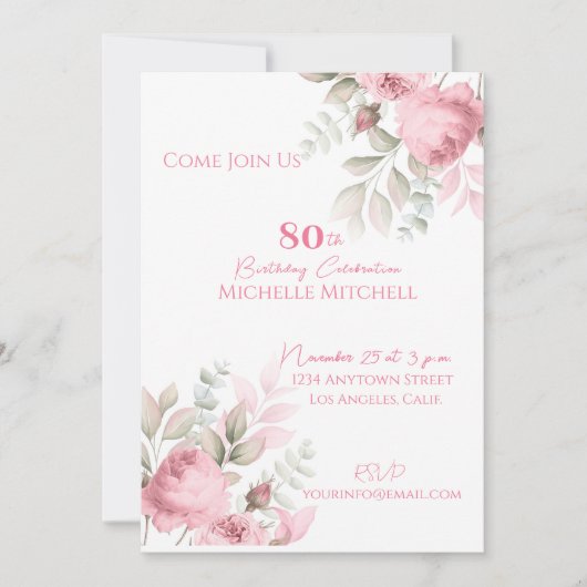 Invitation Élégante Personnalisation 80e anniversaire rose fl (Devant)