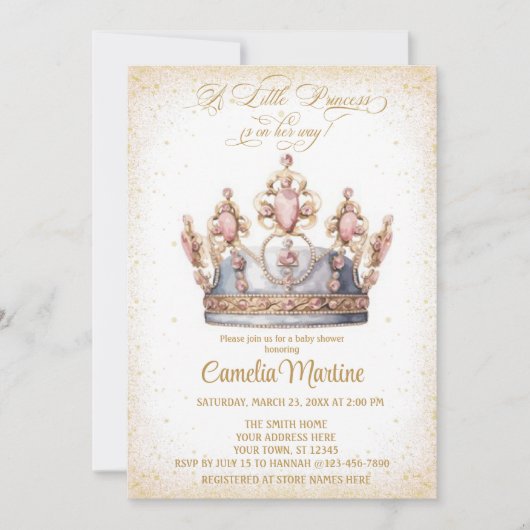 Invitation Elégante Petite princesse baby shower rose et or (Devant)