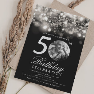 Invitation Élégante Photo 50e Anniversaire Argent Minuit Glam