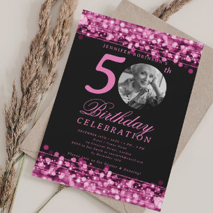 Invitation Élégante photo 50e anniversaire fête Hot rose lumi