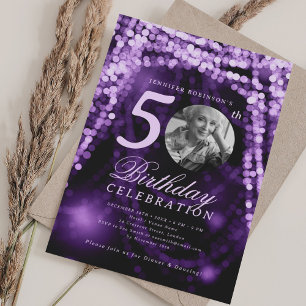 Invitation Élégante Photo 50e Anniversaire Lumières Violet Gl