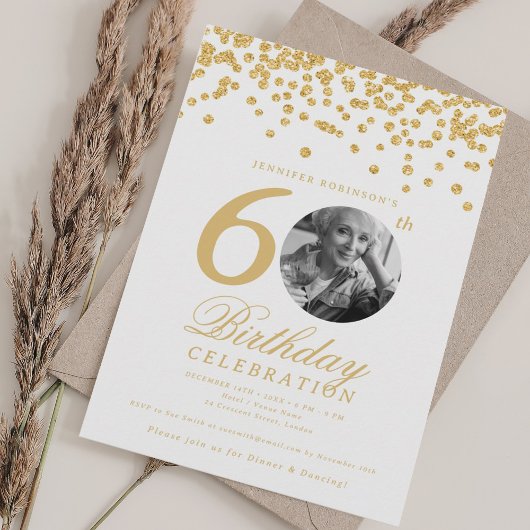 Invitation Elégante photo 60e anniversaire Gold Confetti