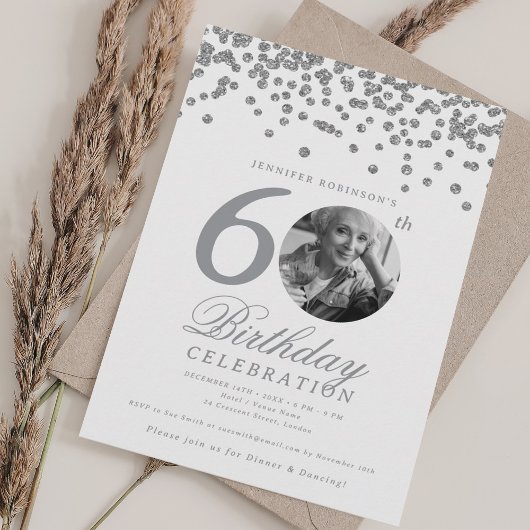 Invitation Elégante photo 60e anniversaire Silver Confetti