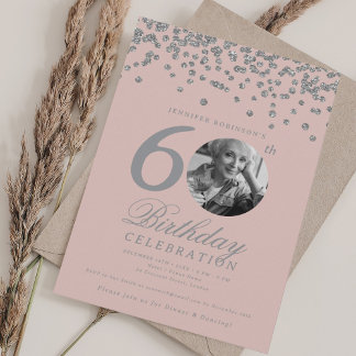 Invitation Elégante photo 60e anniversaire Silver Confetti Bl