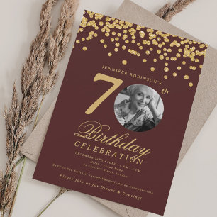 Invitation Elégante Photo 70th Birthday Gold Burgundy Confett
