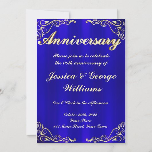 Invitation Élégante Photo Anniversaire Bleu et Or (Dos)