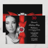 Invitation Élégante photo Anniversaire de la fête Rouge profo (Devant / Derrière)