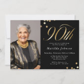 Invitation Elégante photo Black and Gold 90e anniversaire (Devant)