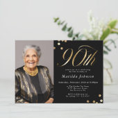 Invitation Elégante photo Black and Gold 90e anniversaire (Debout devant)