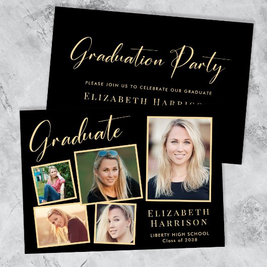 Invitation Élégante Photo Black Gold Graduation Party
