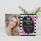 Invitation Elégante Photo Black Silver Pink 50e anniversaire (Debout devant)